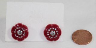 Vintage Red Plastic With Rhinestones Button Pierced Earrings