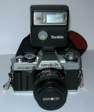 Vintage Minolta Xg - M Camera W/ 1:2 F=50mm Lens W/lens Cap & Shoulder Strap/flash