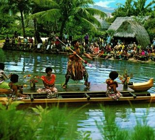 Warrior Dancing Long Canoe Polynesian Cultural Center Laie Oahu Vintage Postcard