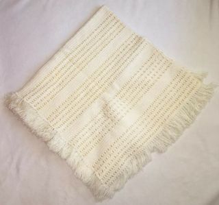 Off White Crochet W/ribbon Afghan Blanket Vintage Granny Handmade Throw 46”x47”