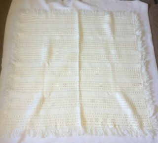 Off White Crochet W/ribbon Afghan Blanket Vintage Granny Handmade Throw 46”x47” 3