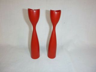Vtg Mid Century Modern Danish Style Tulip Red Candle Holders 7 "