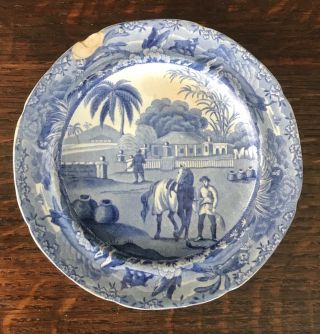 Antique Pottery Pearlware Blue Transfer Spode Indian Sporting Plate 1810