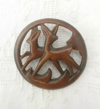 Vintage Art Deco Carved Wood Deer Fawn Brooch Pin 1920s 30s Wooden Antique Old
