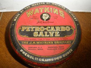 Old Vintage J.  R.  Watkins Petro Carbo Salve Round Medicine Tin 4.  5 " Red Part Full