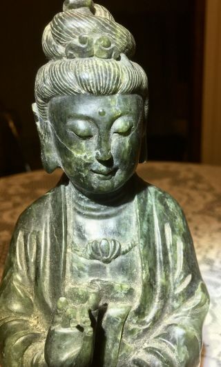 Vintage Carved Chinese Statue Guanyin Dark Green Spinach Nephrite 12” Appraised
