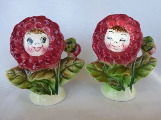 Vtg Py Japan Anthropomorphic Pink Boy & Girl Flower Head Salt & Pepper Shakers