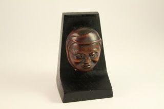 Vtg Antique Hand Carved Box - Wood Japanese Asian Art Netsuke Face Mask On Stand