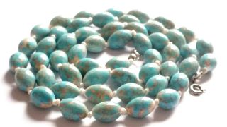 Czech Vintage Art Deco Long Hand Knotted Speckled Oval Glass Bead Necklace