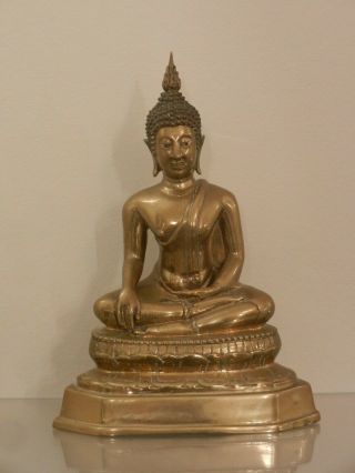Antique Chinese Bronze Large Buddha Statue / Silver Inlaid Eyes,  19th Early 20thc