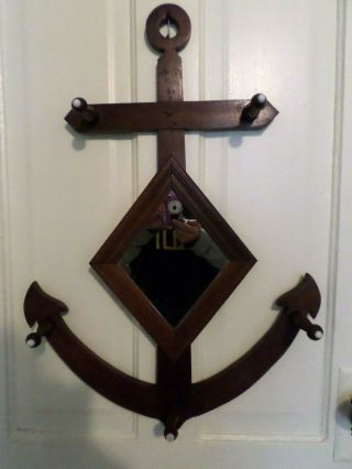 Vintage Wooden Anchor Hat Coat Rack With Mirror Porcelain Buttons