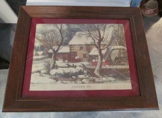 Set Of 2 Vintage Framed Currier & Ives Prints Maroon Mat Winter & Spring Seasons