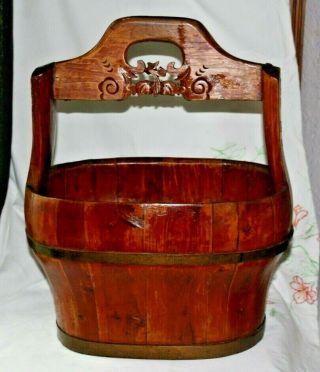 Ornate Wooden Chinese Rice Grain Bucket