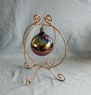 Vintage Copper/brass 9 1/2 " Ornament Stand With Hand Blown Carnival Ornament
