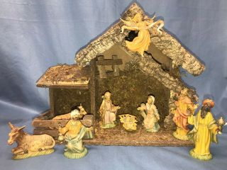 Vintage Christmas Nativity Scene Wood Stable Moss Jesus Wise Men Figurines Light