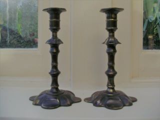 Antique Georgian Brass Bronze Petal Base Candlesticks