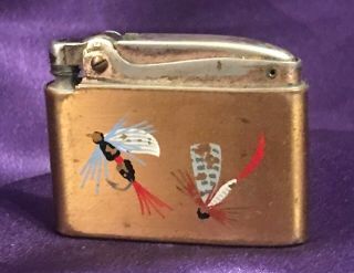 Vintage Elgin American Cig.  Lighter - Brass W/fly Fishing Lures - Made In Usa