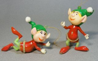 2 Vintage Plastic Christmas Elf Ornaments