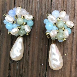 Vintage 50s 60s Cluster Blue Green Pearl Drop Beaded Clipon Dangle Gold Earrings