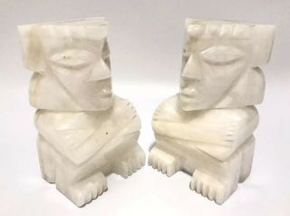 Vintage Aztec Mayan Tiki Style Bookends Carved Onyx Rock Marble Stone Book Ends