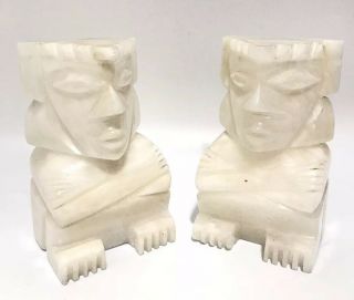 Vintage AZTEC Mayan Tiki Style Bookends Carved Onyx Rock Marble Stone BOOK ENDS 2