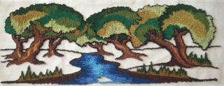 Vintage Punch Needlework Loop/ Plutch Picture / Pillow Trees A River 28 " X10.  4 "