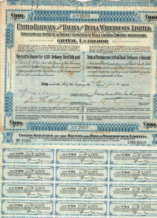 United Railways Of The Havana.  Warehouses,  Ltd. ,  1906,  Warrant For Lb 100,  Blu