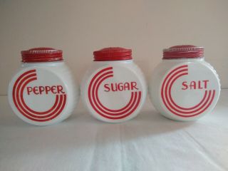 Vintage 1930’s Art Deco Milk Glass White & Red Salt,  Pepper,  & Sugar Shakers