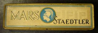 Vintage Mars Staedtler Made In Germany Tin Pencil Box W/4 Blue Pencils