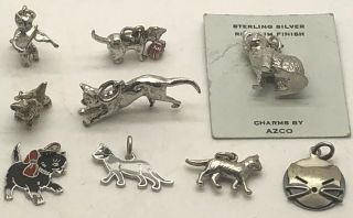 9 Vintage Cat Kitten Sterling Silver Charms For Bracelets Enamel Mechanical 30gr