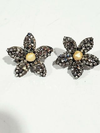Vintage Signed Miriam Haskell Rhinestone & Pearl Clip Earrings Floral Design