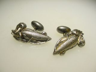 Cool Vintage Silver Figural Art Nouveau Corn On The Cob Bean Back Cufflinks