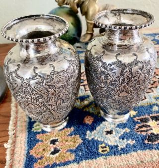Artful Hand Chased Sterling Silver Vintage Matching Persian Vases