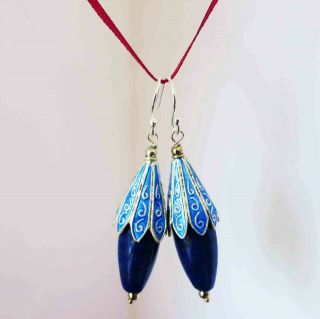 Vintage Chinese Export Cloisonne Enamel Blue Sterling Lapis Flower Earrings