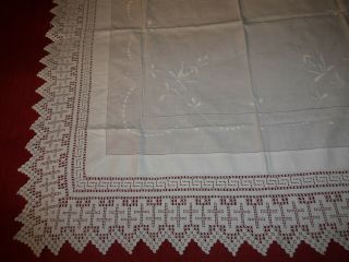 Vintage White - Work Embroidered Tablecloth Deep Crochet Lace Edge 40 " X 42 "