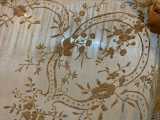Antique Chinese Hand Embroidered Silk Piano Shawl 62” X 62” Fringe 10” Cream