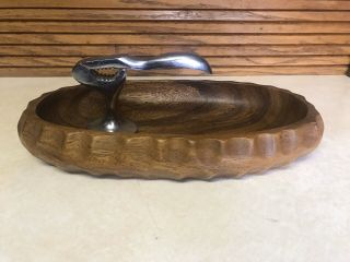 Vintage Oblong/scalloped Edge Monkey - Wood Bowl With Steel Nutcracker