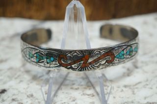 Vtg Sterling Silver Hand Crafted Mexico Turquoise Coral Cuff Bracelet 15 Grams 2