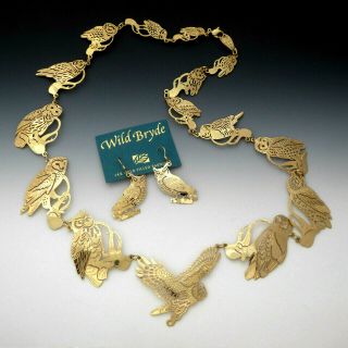 Vintage Wild Bryde Owl Necklace Pierced Earrings Gold Plated Set On Card