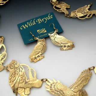 VINTAGE WILD BRYDE OWL NECKLACE PIERCED EARRINGS GOLD PLATED SET ON CARD 2