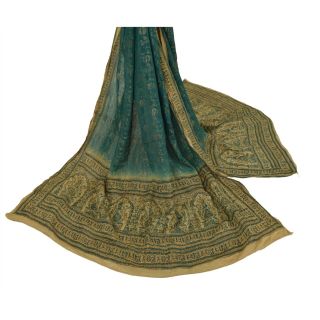 Sanskriti Vintage Dupatta Long Stole Pure Silk Green Printed Woven Scarves Shawl