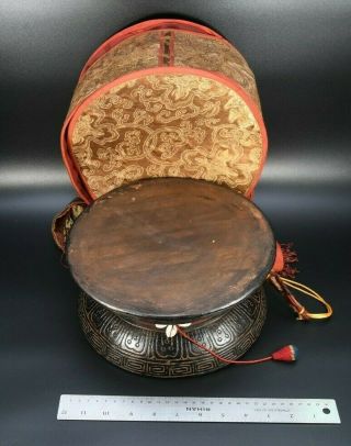 Antique Kapala Buddhist Tantrik Tibetan Leather Wooden Decor Damaru Drum Nepal