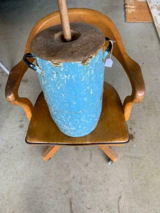 Antique Enamel Ware Butter Churn Blue And White With Wood Handle Churn