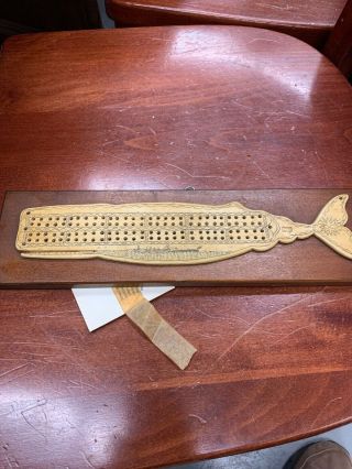 Vintage Scrimshaw (faux) Whale - Shaped Cribbage Board 12 " Artex Nh With Booklet
