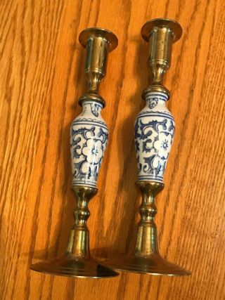 Vintage Brass And Blue White Porcelain Candle Holders - Pair - Heavy - 9 " Tall - Sh
