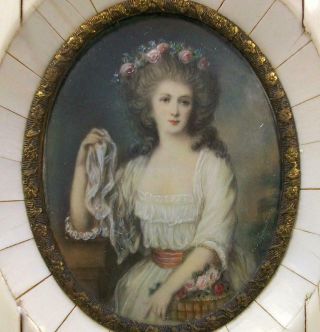 Antique Georgian Miniature Portrait Painting Lady W/ Basket Orig.  Frame Signed