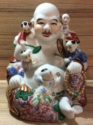 Vintage Chinese Porcelain Smiling Buddha With 5 Children Figurine