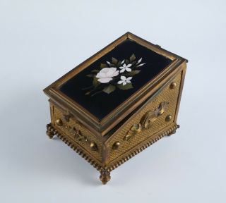 Fine Antique 19c Bronze Dore Floral Rose Pietra Dura Plaque Watch Holder Box