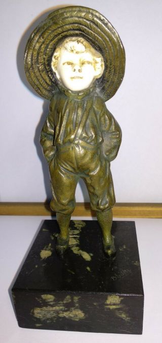 Antique French Bronze Sculpture Chryselephantine Art Deco Bailly Boy Straw Hat