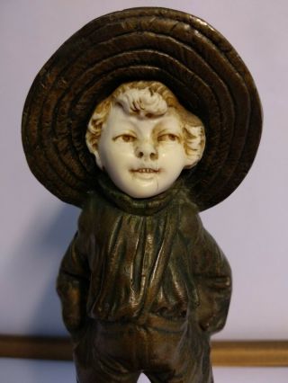 Antique French bronze sculpture Chryselephantine Art Deco BAILLY boy straw hat 2